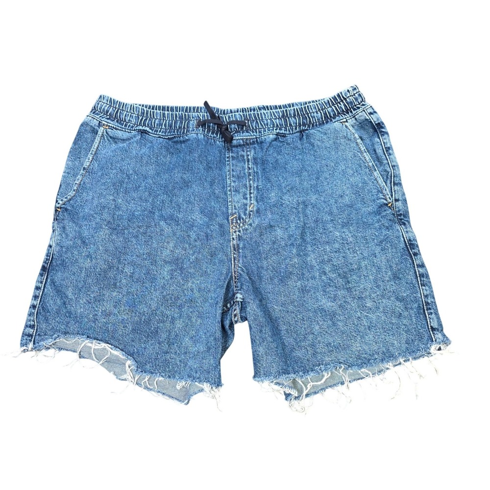 H&M Regular Fit Denim Shorts Men's Size L Blue Acid Wash Raw Hem Elastic Waist